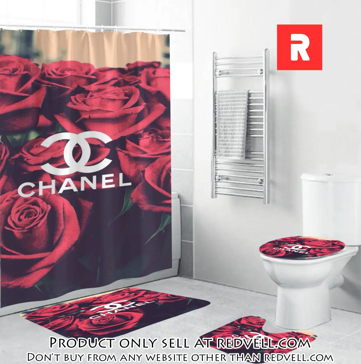 Coco chanel logo in red roses background bathroom set shower curtain rv3718360